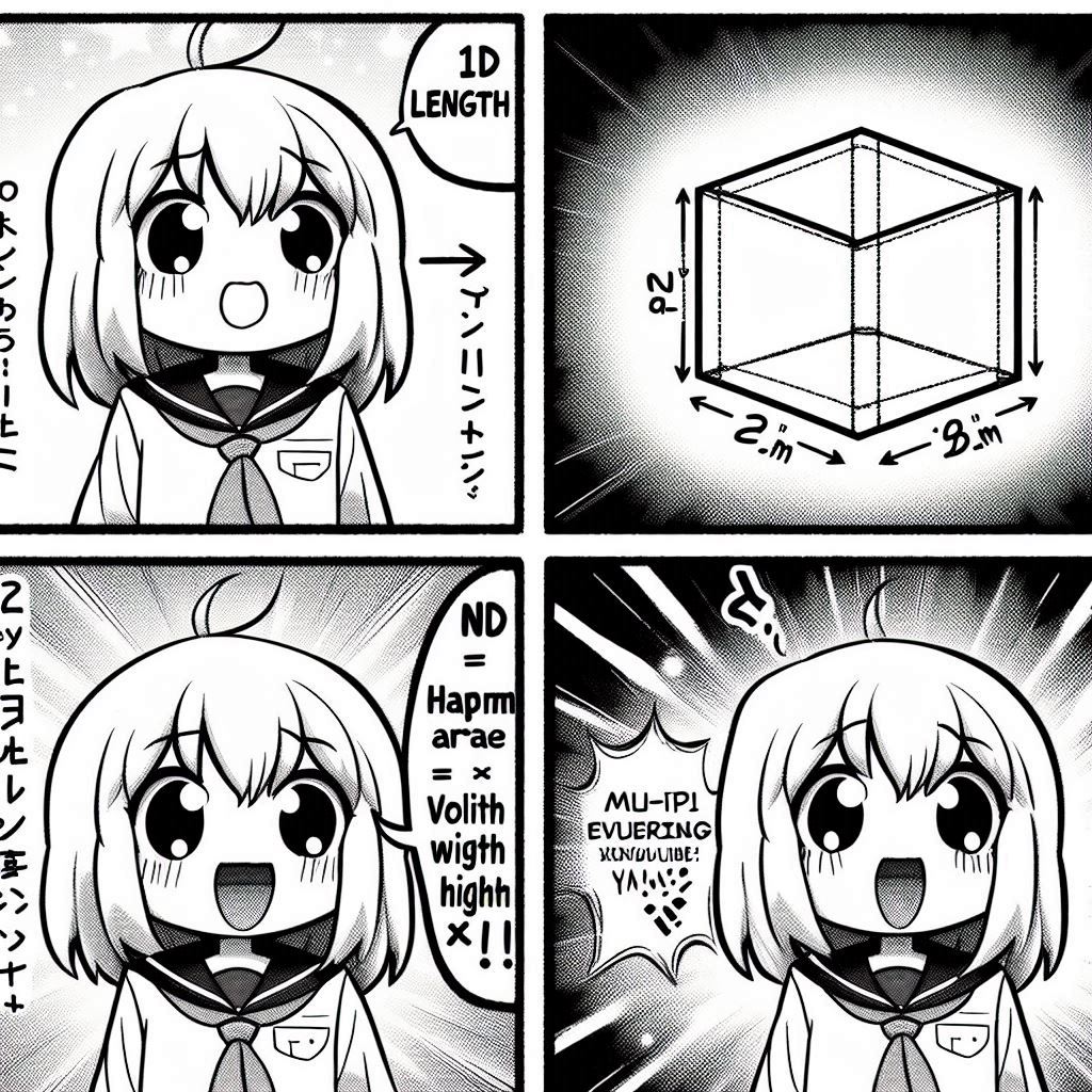 4コマ: 1コマ目「1次元：線の長さ」、2コマ目「2次元：縦×横＝面積」、3コマ目「3次元：縦×横×高さ＝体積」、4コマ目「N次元：全部掛け算＝超体積！主人公が脳内爆発」