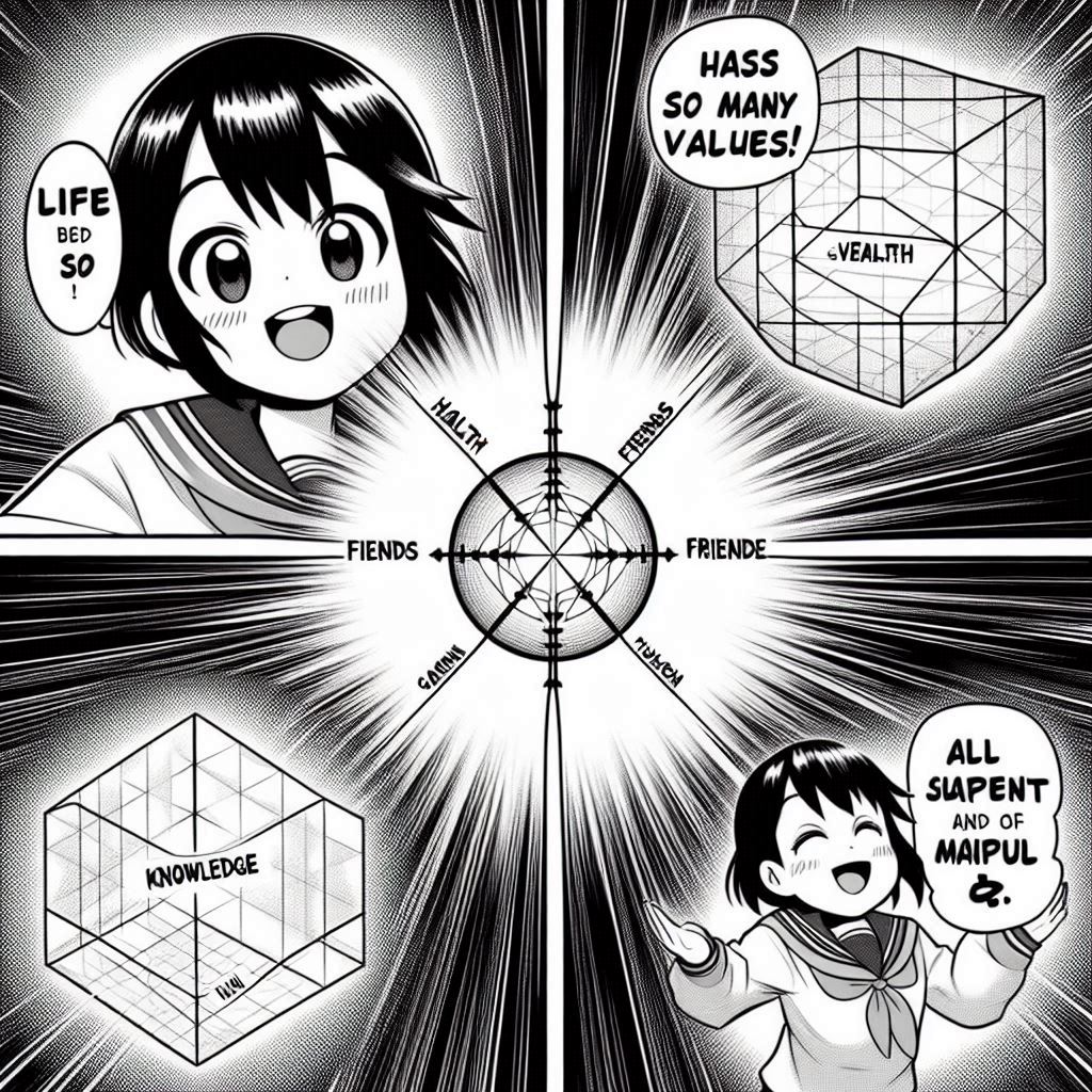4コマ: 1コマ目「0〜1の線分」、2コマ目「0〜1の正方形」、3コマ目「0〜1の立方体」、4コマ目「脳内で4次元立方体が回転して主人公めまい『想像できない！』」