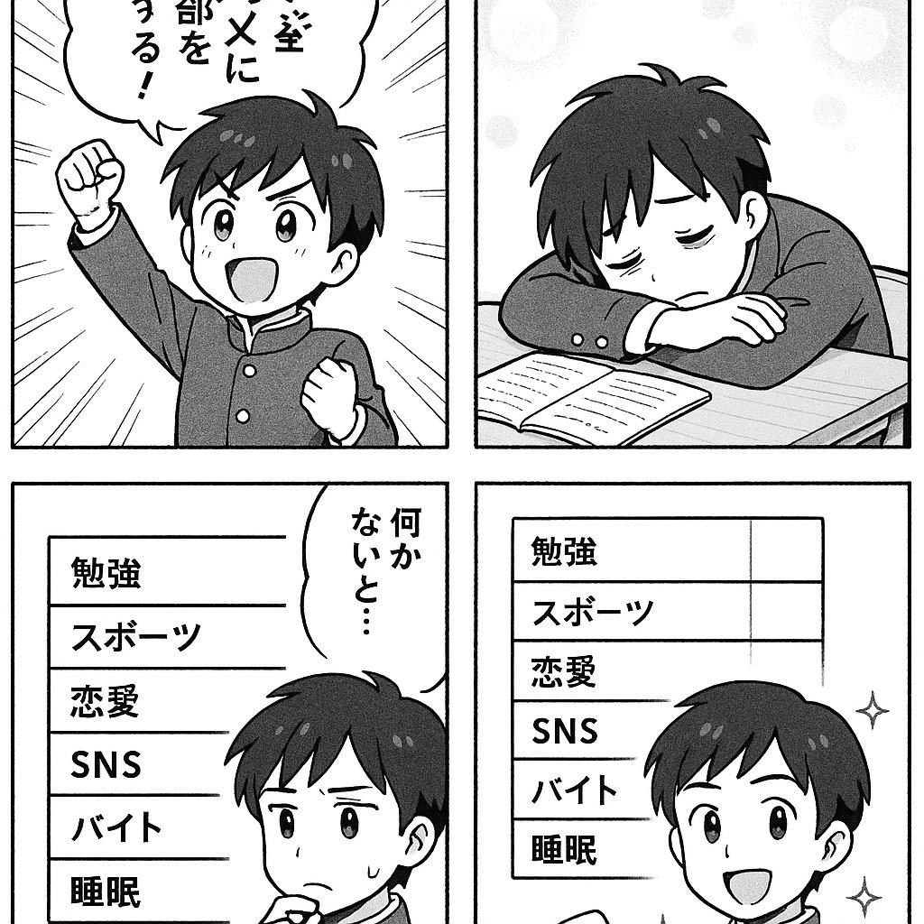 4コマ: 1コマ目「自転車に乗り出す主人公」、2コマ目「右に傾く→左にハンドルを切る」、3コマ目「今度は左に傾く→右に切る」、4コマ目「ずっと微調整しながら走り続ける。背景に『人生も同じ』の文字」