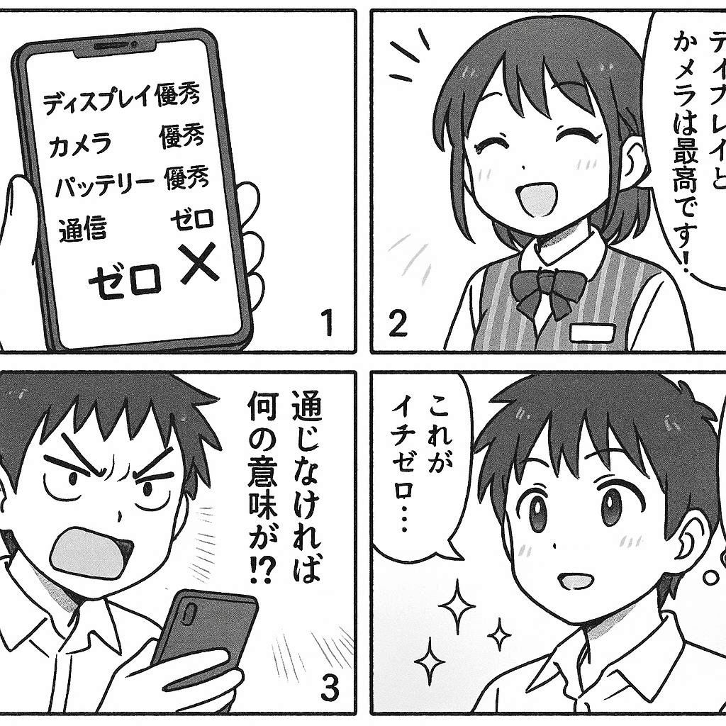 4コマ: 1コマ目「スマホのスペック表：画面◎、カメラ◎、バッテリー◎、通信✕」、2コマ目「店員『でも画面とカメラは最高ですよ！』」、3コマ目「客『通信できないなら意味なくない？』」、4コマ目「主人公の脳内『これがインテグリティだ……一つでもゼロなら全部ゼロ』」