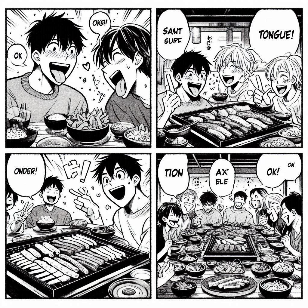 4コマ: 2人で焼肉→「タンで！」「わかった！」→ 5人で焼肉→「タン！カルビ！ハラミ！ロース！レバー！」→ 全員ニコニコ→ 10人で焼肉→ メニューで揉めて店員さんが困ってる