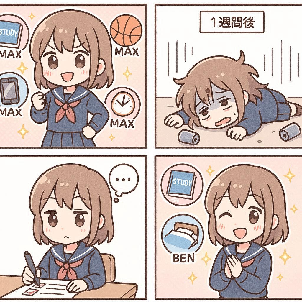 4コマ: 「全部MAXで頑張るぞ！」→ 1週間後ぐったり→ 「何か減らそう…」→ 勉強と睡眠だけに絞る→ 元気復活