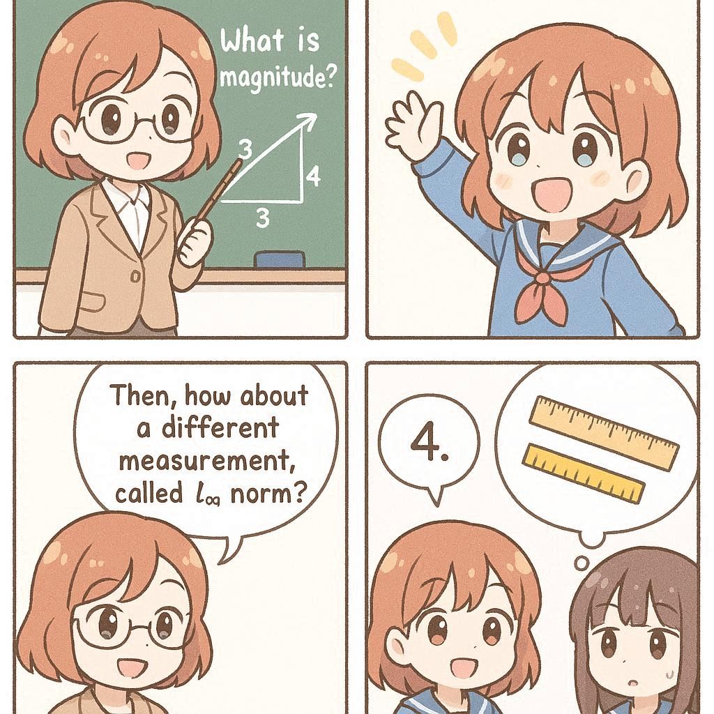 4コマ: 先生「このベクトルの大きさは？」→ 生徒「5です！」→ 先生「正解！L∞ノルムでは？」→ 生徒「4です！」→ 先生「なぜ違うの？」→ 生徒「測り方が違うから！」