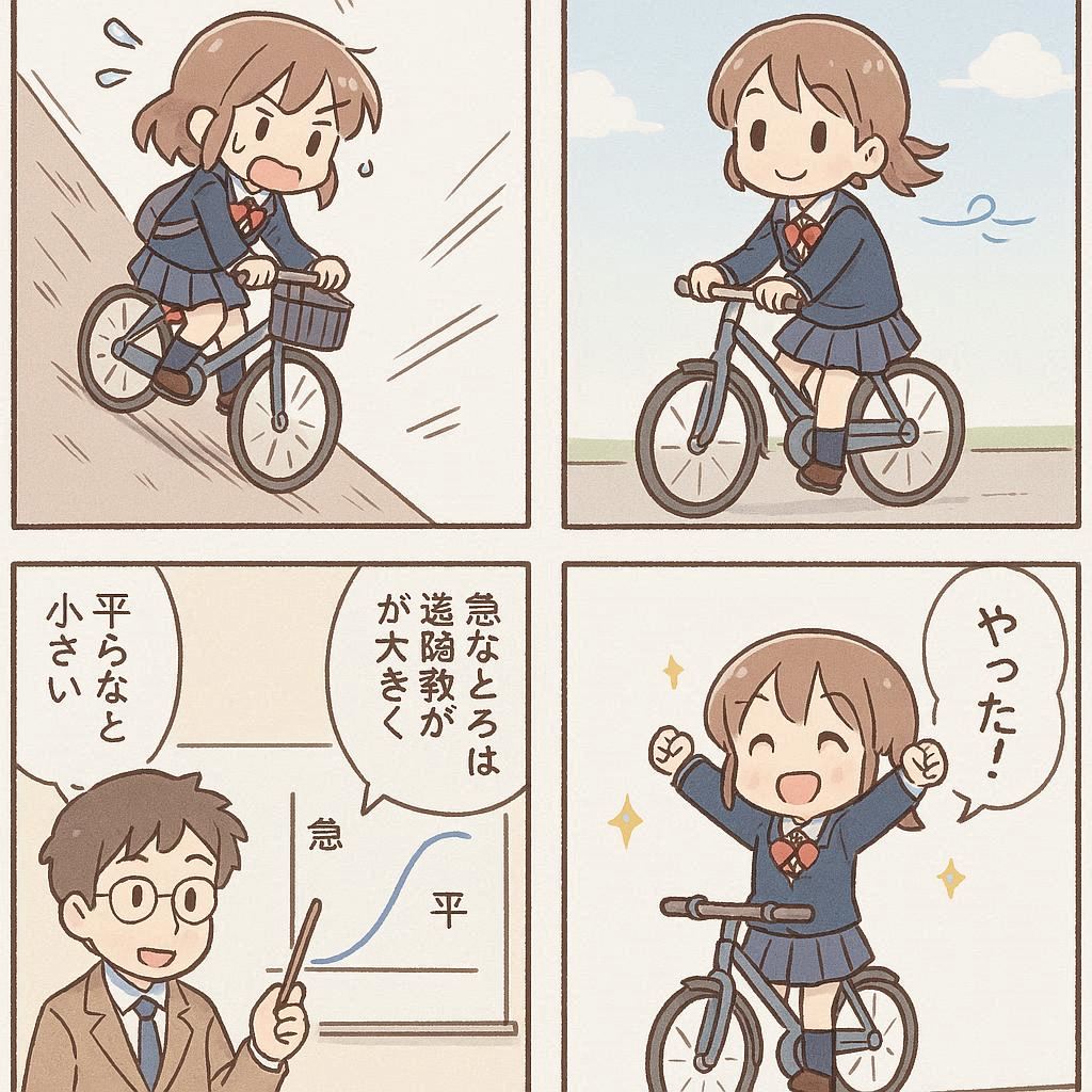 4コマ: 平らな道を自転車でスイスイ→ ゆるい坂「まあいける」→ 急な坂「無理！」→ 傾きが変わったことに気づく