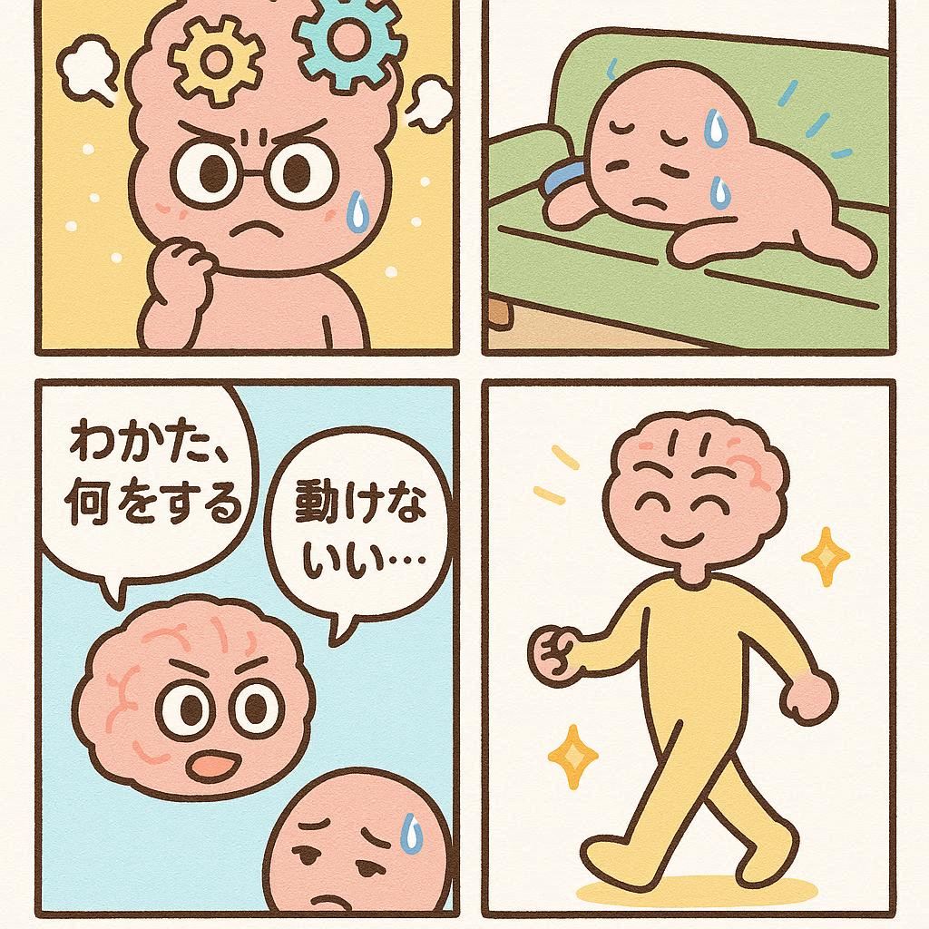 4コマ: 「成績上げたい！」→ 「まず勉強時間だけ変えてみよう」→ 他はそのままで実験→ 「お、上がった！じゃあ次は睡眠変えてみよう」