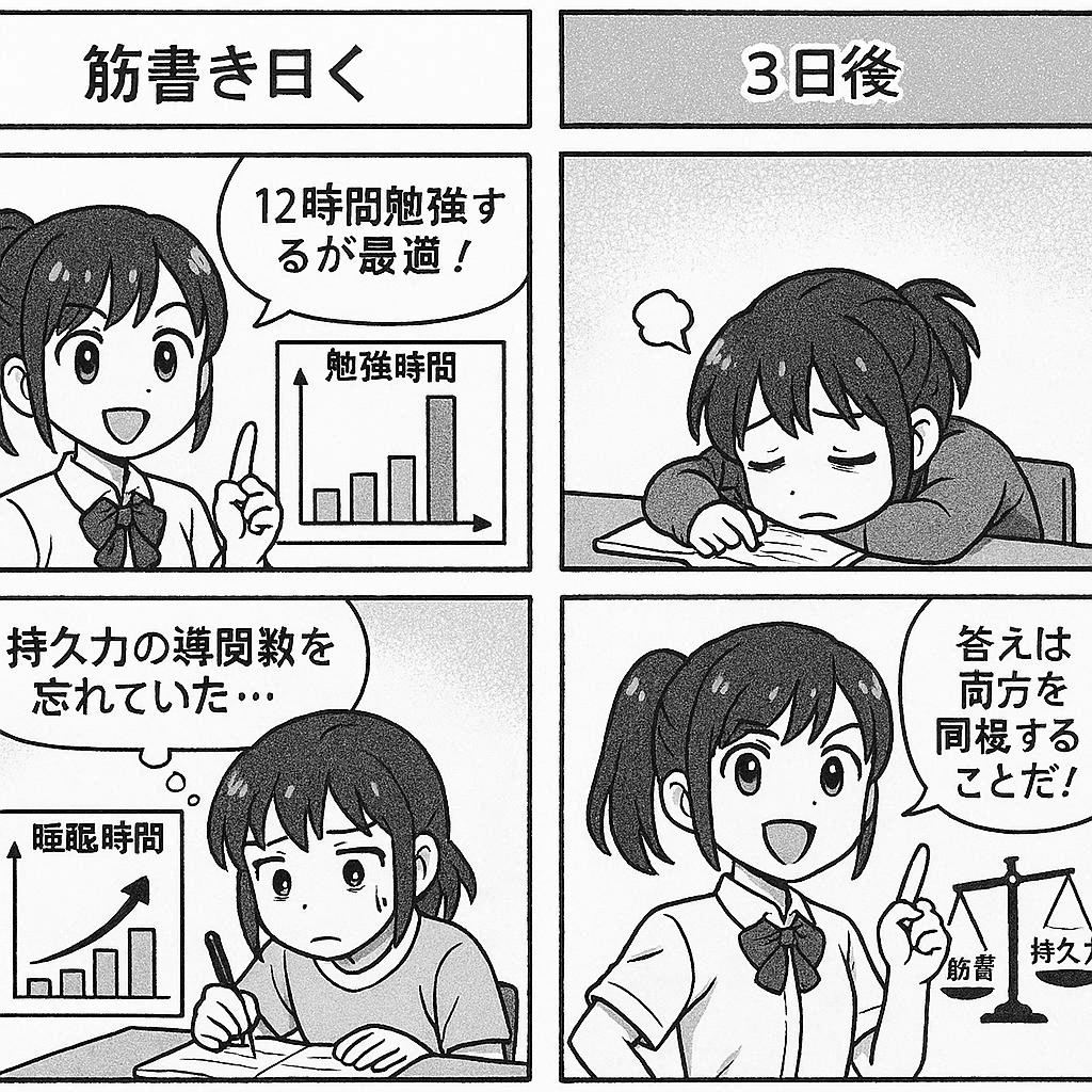 4コマ: 「戦略的には勉強12時間が最適！」→ 3日後グったり→ 「体力の微分を忘れてた…」→ 睡眠を増やして回復→ 「戦略も体力も両方見るのが正解！」