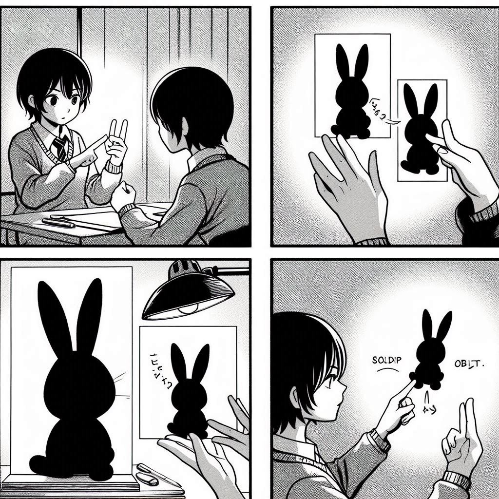4コマ: 3Dの人が立ってる→光が当たる→壁に2Dの影→影は「これが私の全部？」→本人「いや、もうちょいあるよ」。横に「次元が減る＝射影」と書いてある
