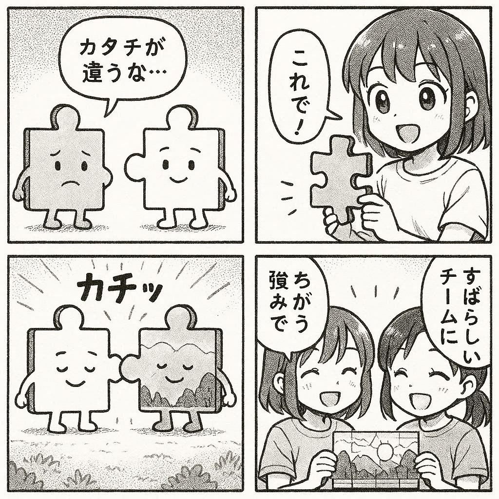 4コマ: 2つのパズルピースが「形が合わない……」と試行錯誤 → 違うピースを持ってきて「これだ！」 → ピースが合わさって絵が見える → 「得意分野が違うからこそ、一緒にいよう」