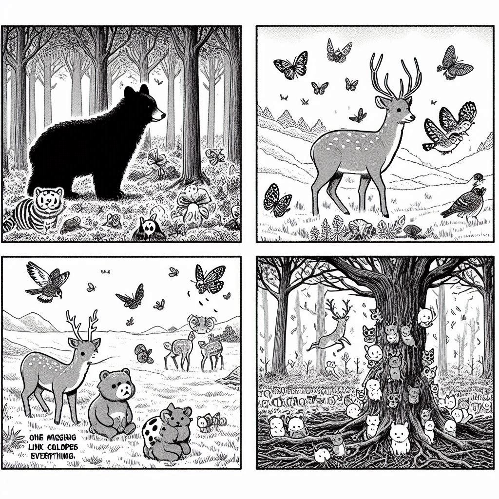 4コマ: 森の動物たちが楽しく暮らしている / クマがいなくなる / シカが増えすぎて森が枯れる / 全員さみしい顔