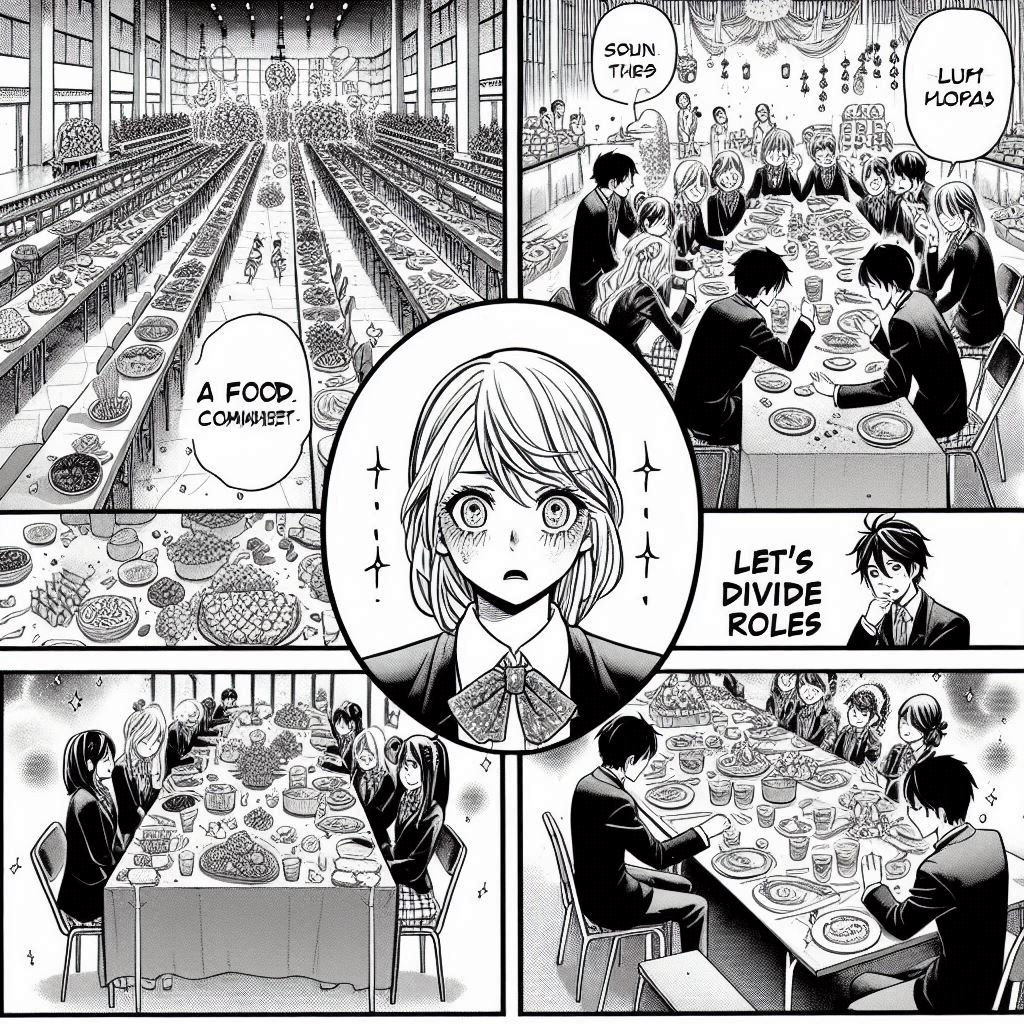 4コマ: 全員が食べ物係になって困る顔 / 先生が「役割を分けよう」 / それぞれちがう係で準備 / 文化祭大成功
