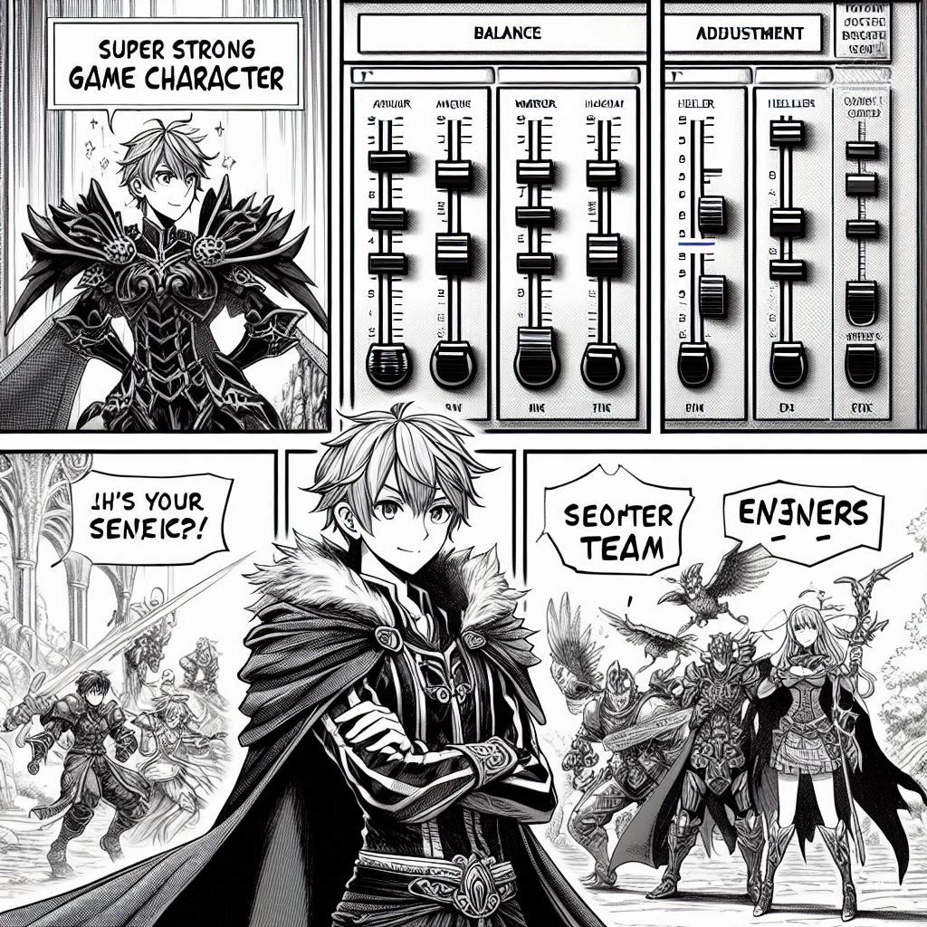 4コマ: ひとりのキャラが強すぎてゲームがつまらない / バランス調整の画面 / みんなちがう役割で協力プレイ / 「これが平和だ！」