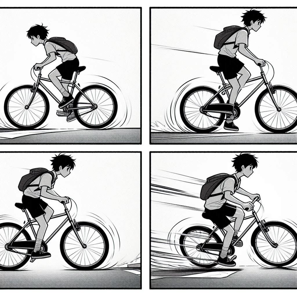 4コマ: 自転車に乗ろうとして止まったまま倒れる / こぎ始めたら安定する / カーブでバランスを崩しかける / 体で調整して乗り切る「これが動的平衡！」